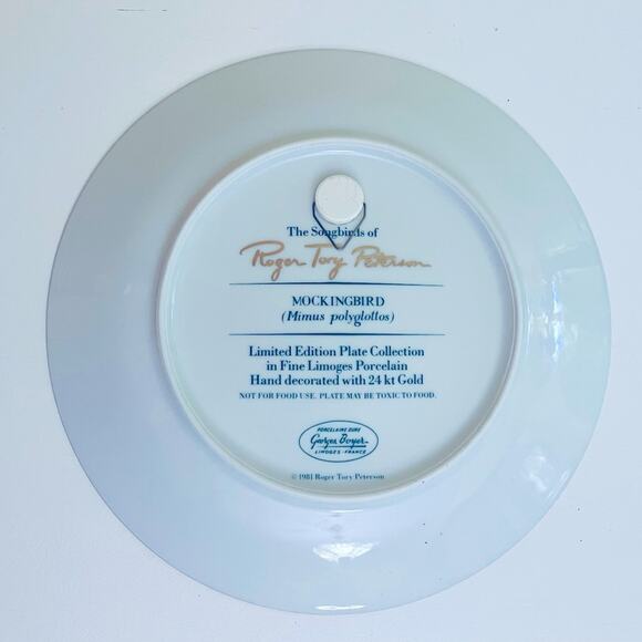 MOCKINGBIRD Songbirds Roger Tory Peterson Bird Plate Porcelain Collector Birds - Picture 3 of 3